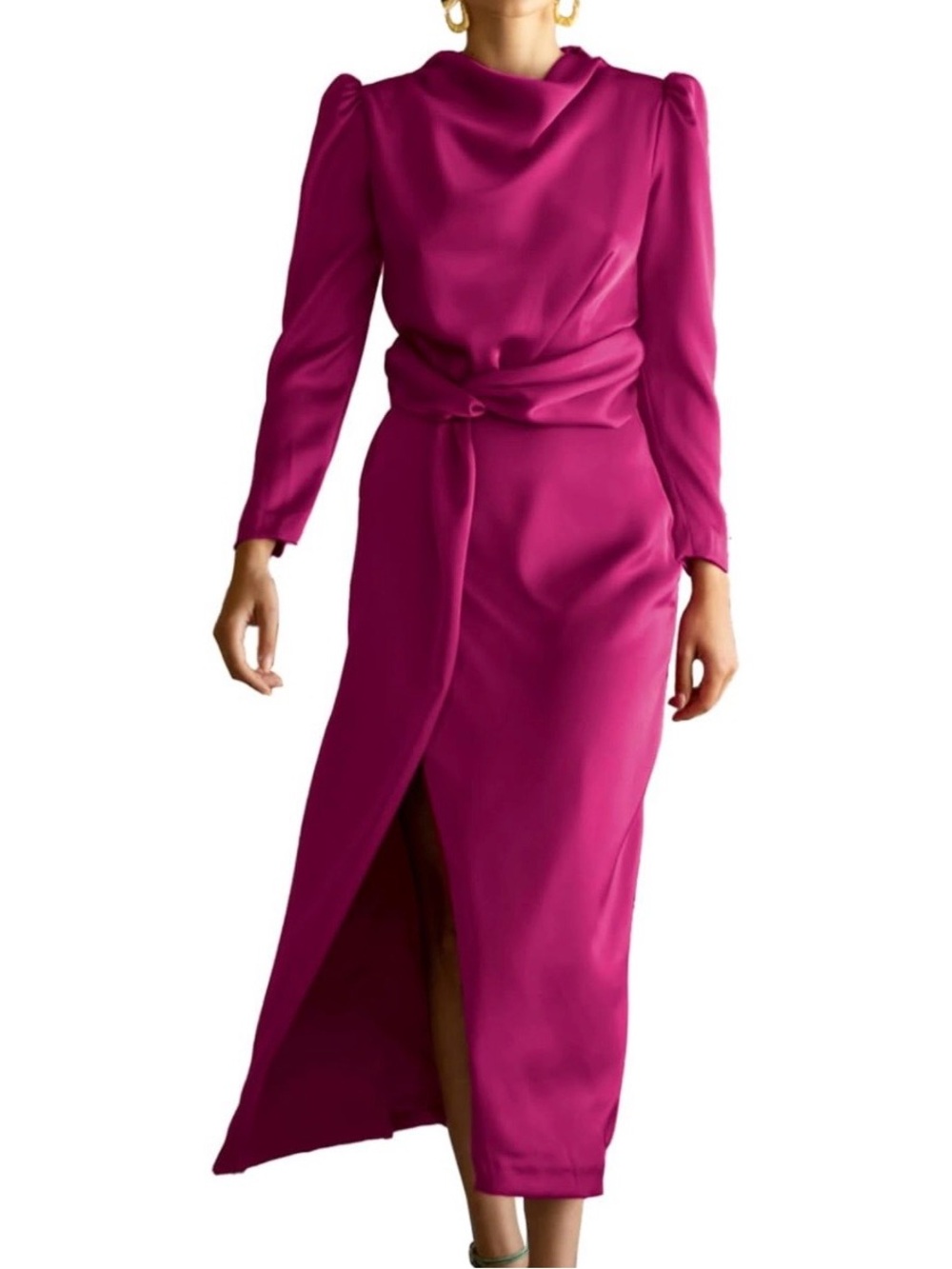 NWOT Pink Long Sleeve Knot-Waist Midi Dress (L)